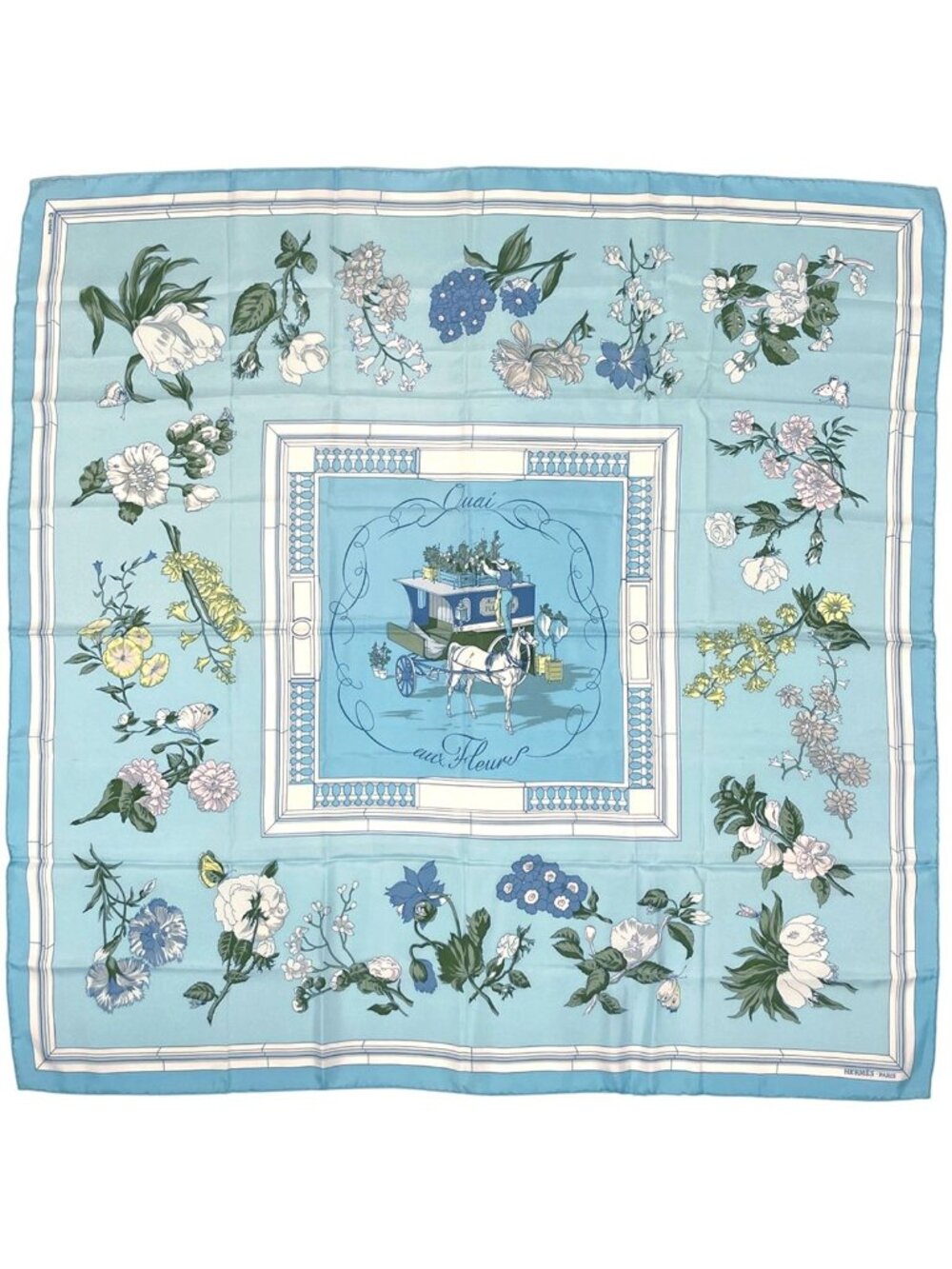 Hermes Carre 90 Quai Aux Fleurs Scarf Flowers Blooming Coastline Silk Blue